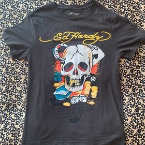 Ed Hardy Charcoal Tee with Skull and Dice Design